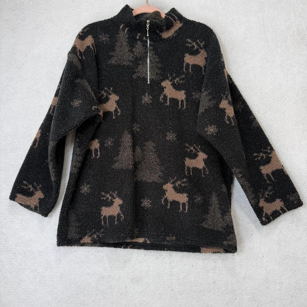 Alias Sweater Womens Large Black Fleece 1/4 Zip Reindeer Trees Mock Neck cabin